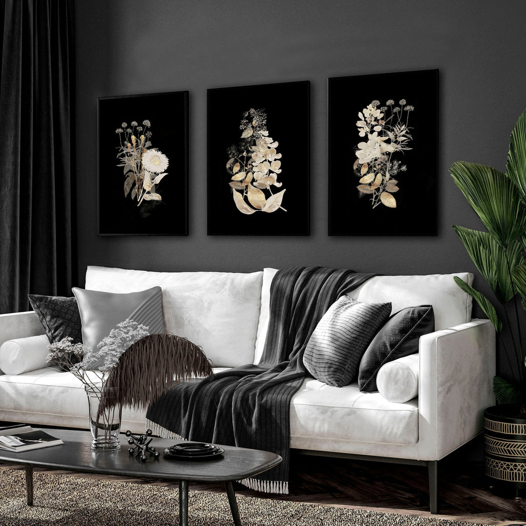 Wall Art for Living Room – Gold Floral Set of 3 Prints