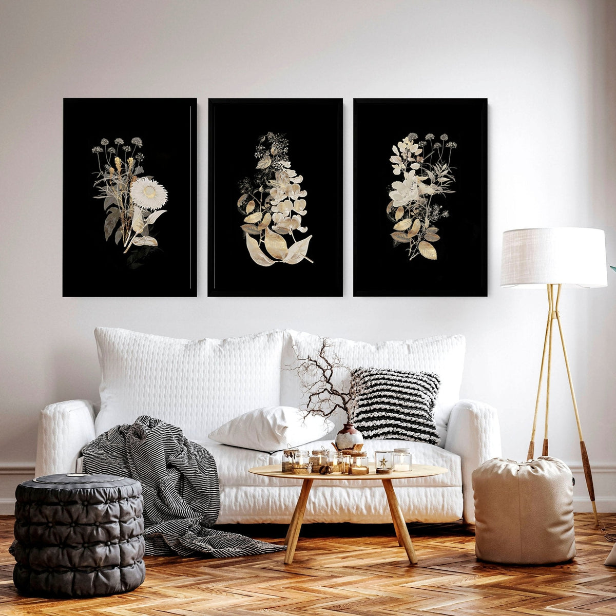 Wall Art for Living Room – Gold Floral Set of 3 Prints