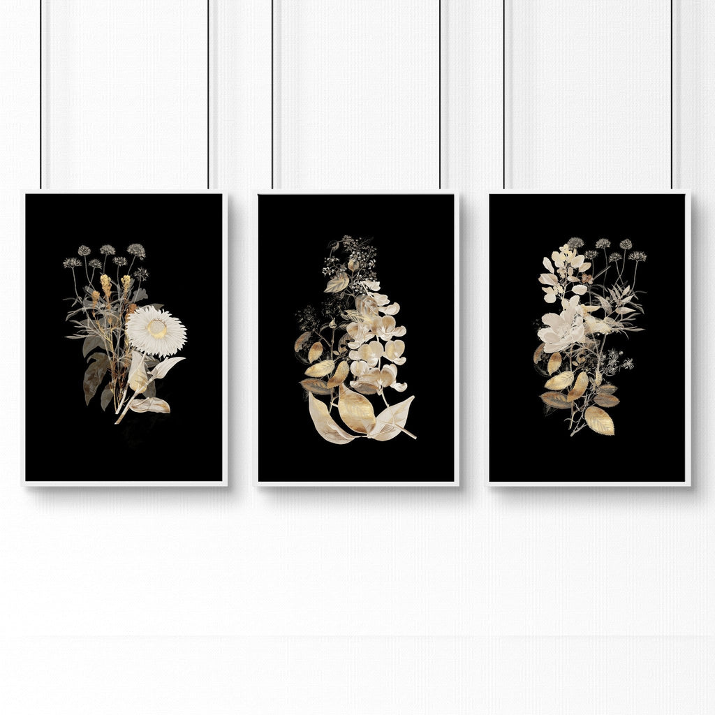 Wall Art for Living Room – Gold Floral Set of 3 Prints