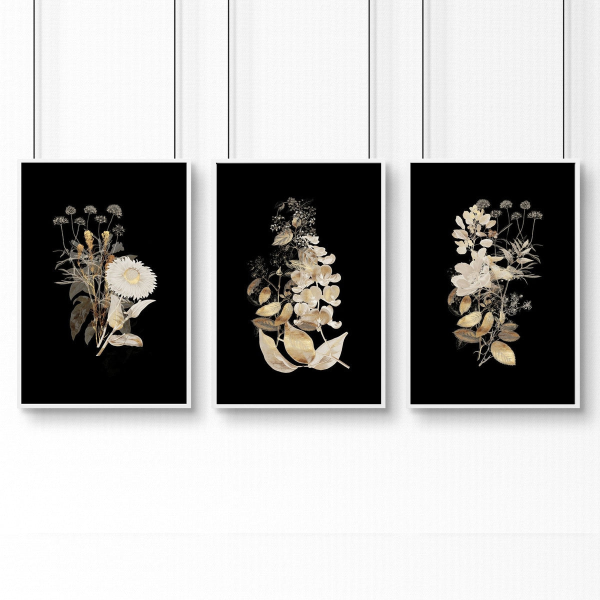 Wall Art for Living Room – Gold Floral Set of 3 Prints
