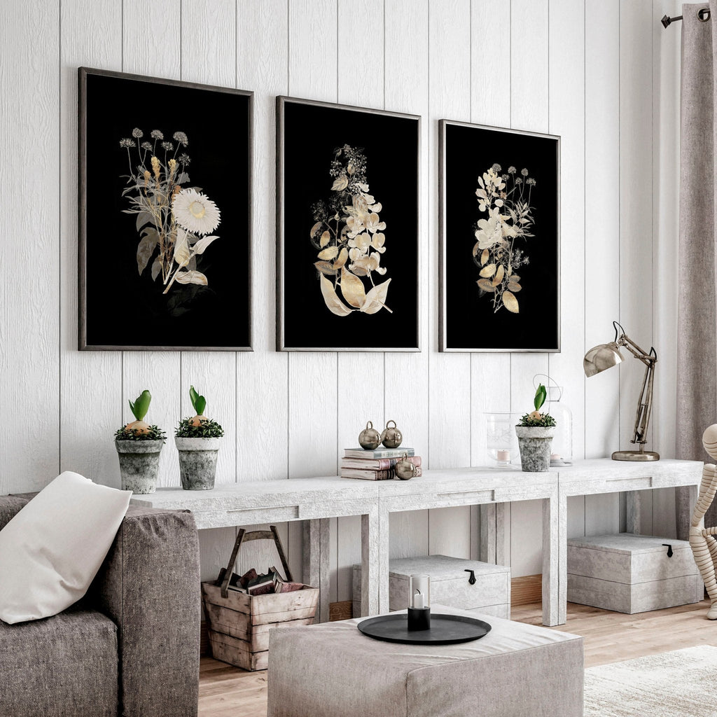 Wall Art for Living Room – Gold Floral Set of 3 Prints