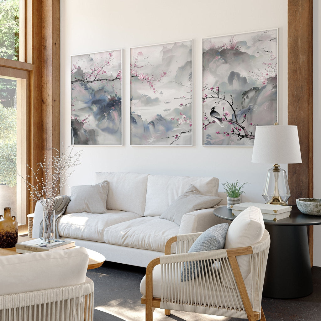 Wall Art Living Room Large | Set of 3 Chinoiserie Wall art Prints