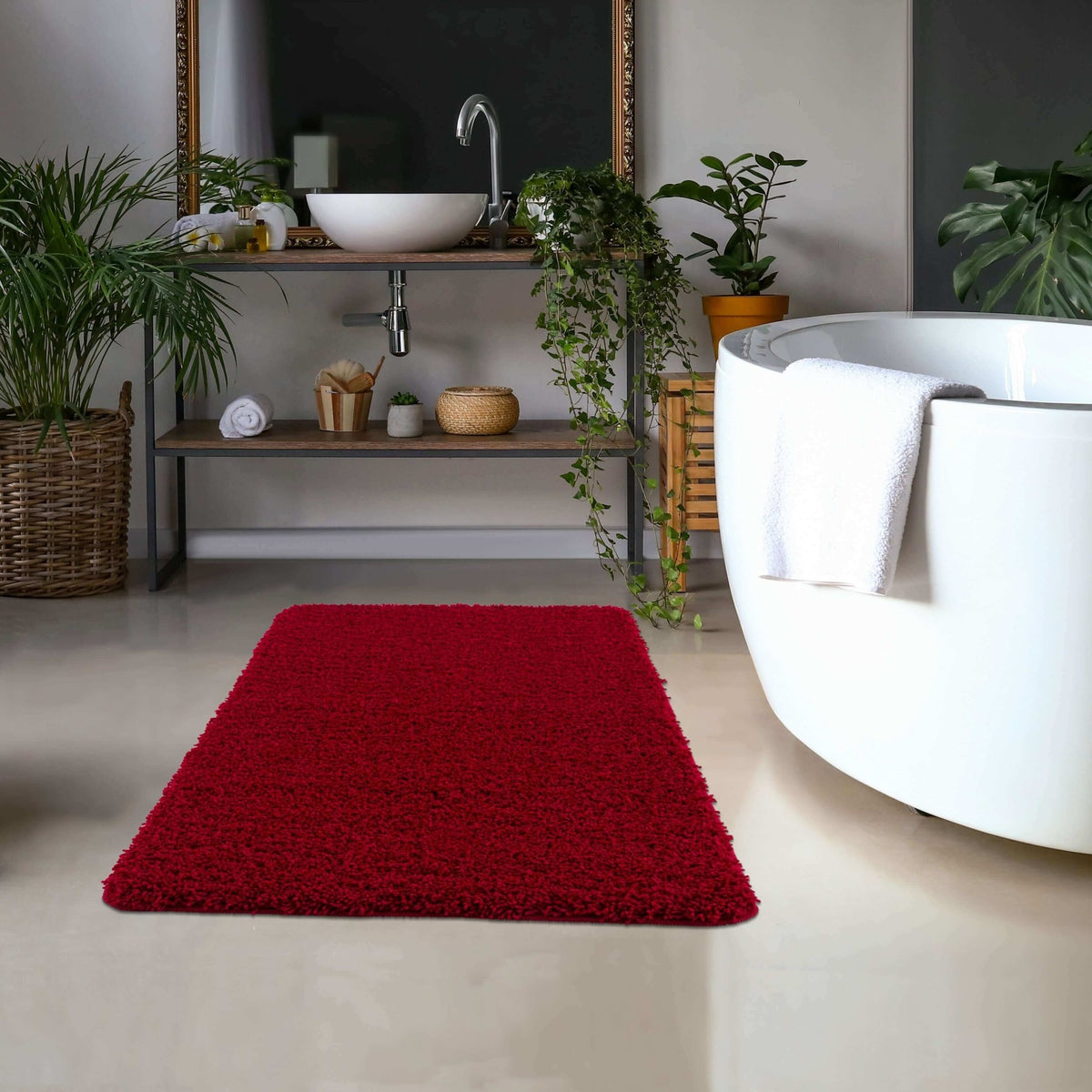 Washable Red Shaggy Rug - MOOAZAA