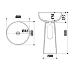 Technical dimension drawing of a pedestal sink, showing a top-down circular plan with a 480 mm diameter basin and a side profile with measurements including 850 mm height, 280 mm base width, 175 mm bowl depth, and 210 mm pedestal height.