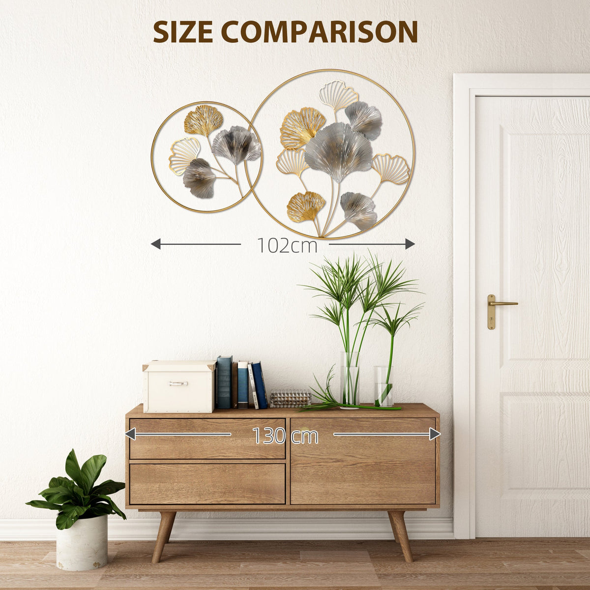 HOMCOM 3D Metal Wall Art Modern Ginkgo Leaves Hanging Wall Sculptures Home Decor for Living Room Bedroom Dining Room, Gold