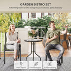 Garden bistro set with two people sitting on chairs and a table outdoors.